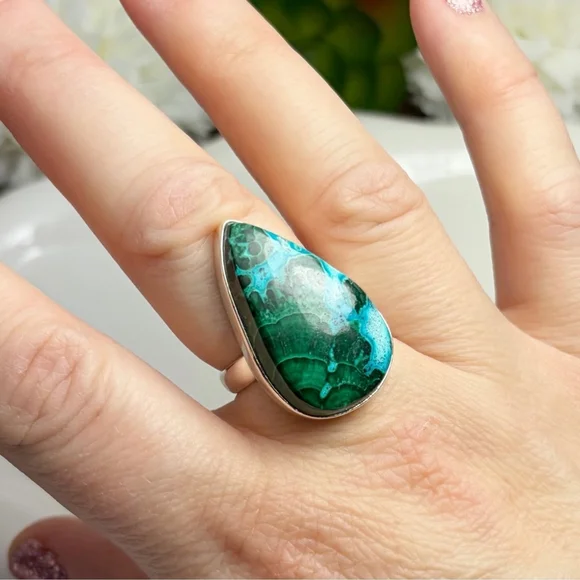 Malachite Chrysocolla Ring Size 8 1/4 8.25 Pure Sterling Silver 925 Southwest - Picture 2 of 9